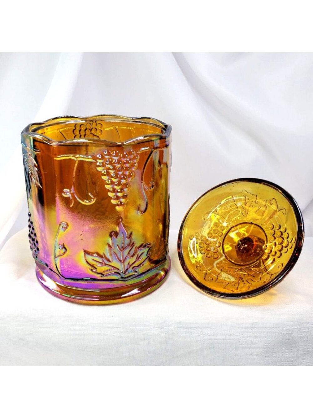 VTG Marigold Carnival Glass Canister Jar & Lid 7" Harvest Grape Indiana Glass - Picture 7 of 16